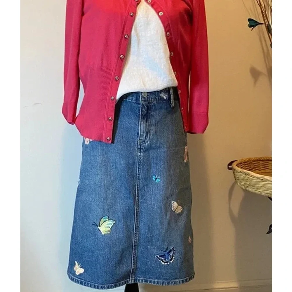 Y2k Gap Jean Skirt 6 Midi Embroidered Butterflies Patches Boho Festival Whimsy - Picture 3 of 16